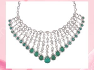 Pear Shape Green Stone Marquise, Pear and Round Cut Natural Diamond With Prong Setting White Gold Bridle Necklace Set